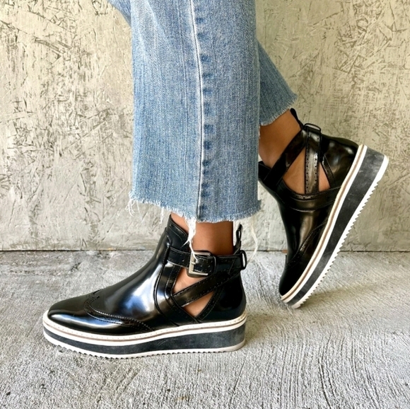 Zara Shoes - Zara Basic Black Patent Vegan Leather Wingtip Platform Buckle Ankle Boots Sz 7.5